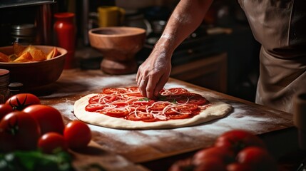 Wall Mural - Pizza making process. Male chef hands making authentic pizza in the pizzeria kitchen.