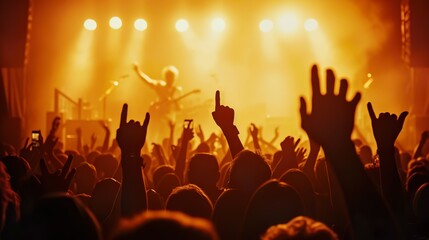 Wall Mural - A crowded concert hall with scene stage lights , rock show performance, with people silhouette, on dance floor air during a concert festival