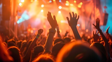 Wall Mural - A crowded concert hall with scene stage lights , rock show performance, with people silhouette, on dance floor air during a concert festival