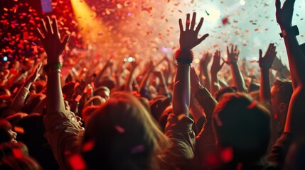 A crowded concert hall with scene stage lights , rock show performance, with people silhouette, on dance floor air during a concert festival