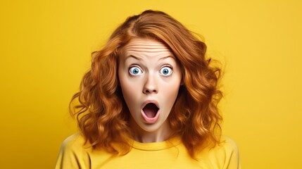 A woman with red hair and a yellow shirt is making a surprised face