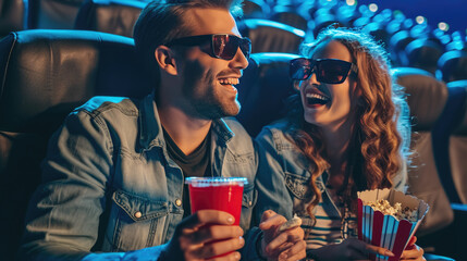 Wall Mural - Man and a woman in a movie theater, both wearing 3D glasses, laughing and enjoying themselves with a popcorn bucket and a red cup in hand.