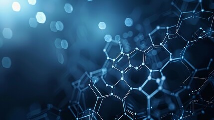 dark blue background with interconnected hexagonal shapes, concept of biochemistry