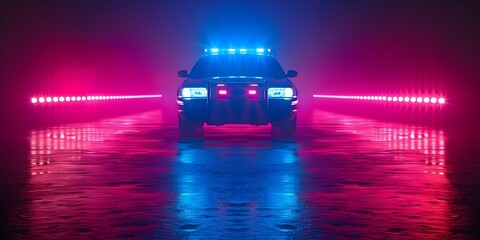 Vibrant red and blue police lights illuminate the night on patrol . Concept Law Enforcement, Night Patrolling, Police Lights, Crime Prevention, Public Safety