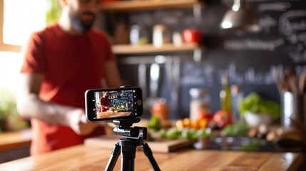 man is focused on adjusting a camera in a home kitchen setting, with a video setup in the background