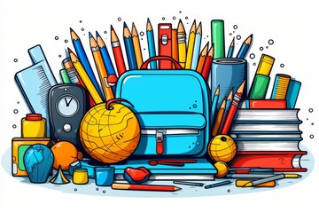 Wall Mural - Back to school elements and education doodle clipart sketch outline illustration on white background