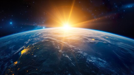 Wall Mural - panoramic view of the earth from space, sun, star and galaxy. sunrise over planet background