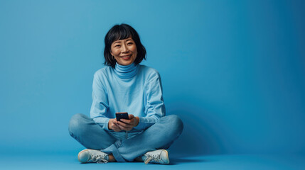 Sticker - Young woman smiles joyfully while holding her smartphone against a colored background.