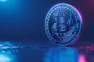 Close-up bitcoin coins on purple background