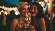 Two Women Smiling And Toasting With Champagne Glasses At What Appears To Be A Festive Event.