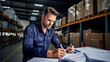 © MP Studio - Warehouse worker writing on a clipboard with a backdrop of stacked boxes in a warehouse.