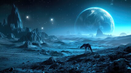 Enigmatic Azure Expanse: Robotic Canine Silhouette in Lunar Glow