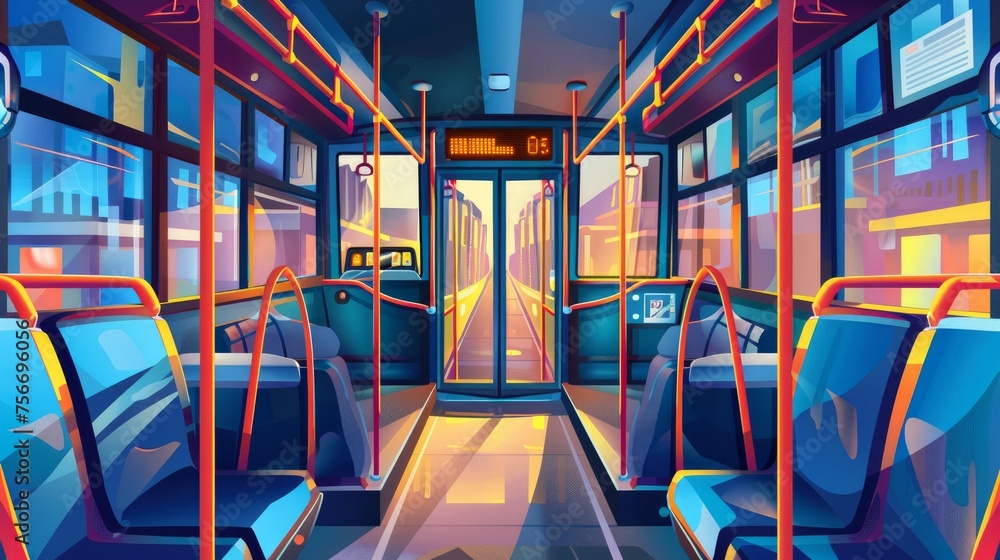 A detailed view of an empty bus interior showcasing public transport's ...