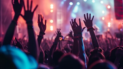 Wall Mural - A crowded concert hall with scene stage lights , rock show performance, with people silhouette, on dance floor air during a concert festival