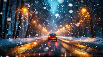 Wall Mural - Enchanting Night Drive through Snowy City Streets