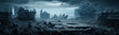Mysterious ancient ruins in desolate landscape for dramatic sci-fi banner