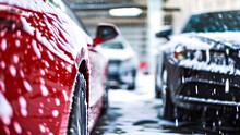 Professional Car Wash With Pressurized Water And White Foam Soap