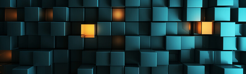 Wall Mural - Abstract floating blue and yellow cubes on dark background for modern sci-fi banner