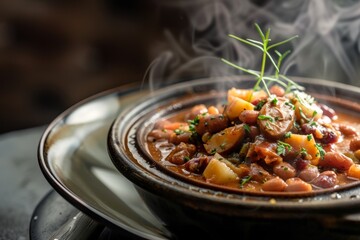 Sticker - Gourmet Cassoulet with Fresh Herbs, Rustic Wooden Table