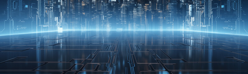 Wall Mural - Blue digital circuit corridor, ideal for futuristic sci-fi banner background