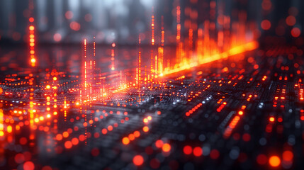 Wall Mural - 3D rendering of a glowing data visualization with red and orange lights on a dark background, with a depth of field effect and blurred bokeh effect, in the style of cyber