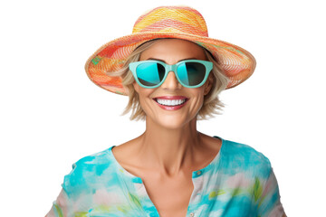 Portrait happy woman with summer holiday beach outfits isolated on transparent background for realax at beach on vacation, travel and holidays vacation concept.
