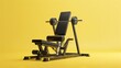 A weight machine stands in front of a bench against a vibrant yellow backdrop