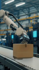 Wall Mural - Vertical portrait of robotic arm picking up box from conveyor belt