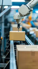 Wall Mural - Vertical portrait of automaton robot arm working on conveyor belt with cartboad box parcel in warehouse.