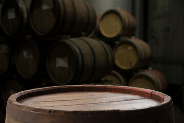 Wall Mural - background of barrel and worn old table of wood. High quality photo