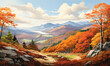 A mountain vista comes alive with autumns palette golden leaves contrast against the crisp