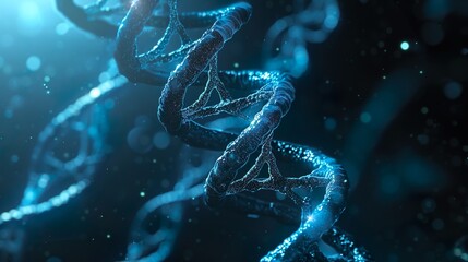 Wall Mural - 3d illustration of rotating dna glowing molecule on blue background