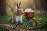 Fototapeta Pomosty - A cute cheerful rabbit holds an egg and rides a bicycle on the occasion of Easter celebration