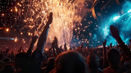 Wall Mural - A crowded concert hall with scene stage lights , rock show performance, with people silhouette, on dance floor air during a concert festival