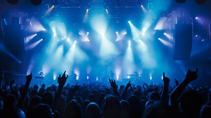 Canvas Print - a crowded concert hall with scene stage lights , rock show performance, with people silhouette, on d