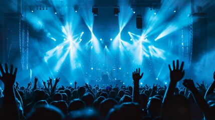 Canvas Print - a crowded concert hall with scene stage lights , rock show performance, with people silhouette, on d