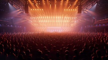 Canvas Print - a crowded concert hall with scene stage lights , rock show performance, with people silhouette, on d