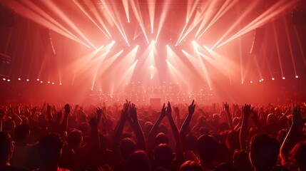 Canvas Print - a crowded concert hall with scene stage lights , rock show performance, with people silhouette, on d