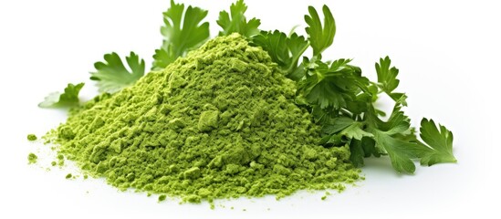 Sticker - A pile of green powder with parsley leaves, a common ingredient in many cuisines. This leaf vegetable is often used in fines herbes and adds flavor to dishes