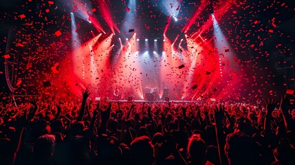 Wall Mural - A crowded concert hall with scene stage lights , rock show performance, with people silhouette, on dance floor air during a concert festival