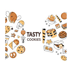 Wall Mural - A doodle style cookie vector depicting various types of bakery food and confectionery items 