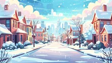 Stunning winter street in a big city. Cartoon illustration of suburban houses along a rural alley under a cloudy sky with bushes and trees covered in snow.