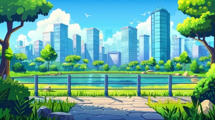 Wall Mural - detailed cartoon modern city park with blue sky, clouds and skyscrapers. a city park with lakes, tre