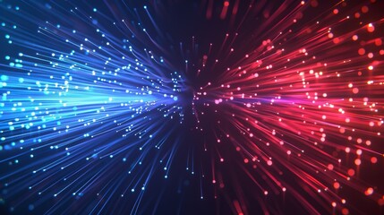 Canvas Print - An illustration of neon glowing fibers with fast luminous movement effect, connected by blue and red lines. Modern illustration of modern technology particles, moving fast and luminous.