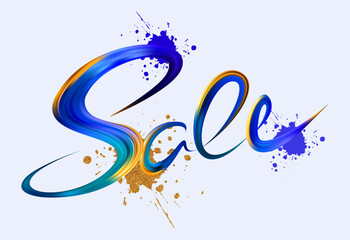Wall Mural - Blue gold sale brushstrokes lettering. Hand drawing letter for banners