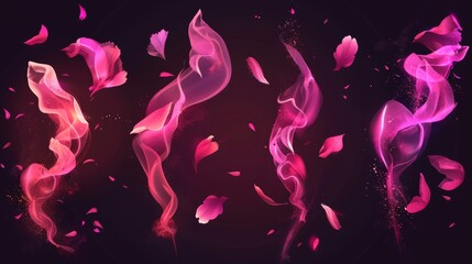Wall Mural - There is a pink scent wind swirling around with glowing smoke and cherry or sakura tree flower petals. It is an abstract modern illustration set of spray or mist made from neon colors.