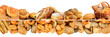 Wide panoramic collection of bread products isolated in white