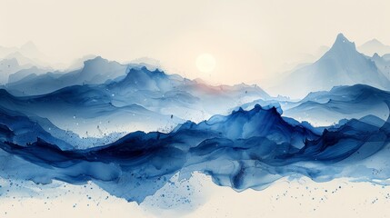  Brush stroke texture in blue and grey with Japanese ocean wave pattern. Abstract art landscape banner design with watercolor texture.