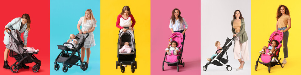 Canvas Print - Set of women and their babies in strollers on color background