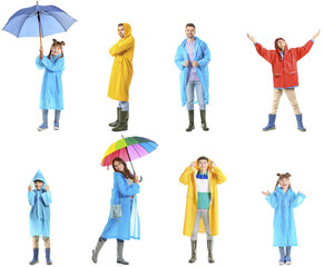 Wall Mural - Set of different people in stylish raincoats on white background